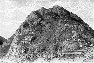 Buildings of the Incas on the Cerro De Las Carceles at Ollantaytambo, Peru, 1895. Artist: Unknown