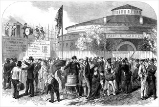 Enlisting Irish and German emigrants on the Battery, New York, USA, 1864. Creator: Mason Jackson.