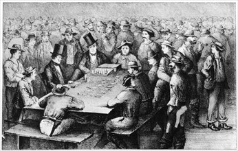 Gambling in the mines, Faro, California, 19th century (1937).Artist: Britton & Rey