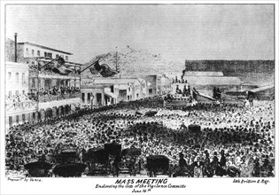 A mass meeting outside Fort Vigilant, Sacramento, California, 1856 (1937).Artist: Britton & Rey