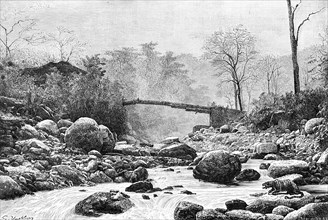 A bridge over the Rangit, a tributary of the river Teesta, India, 1895. Artist: Unknown