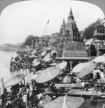 A temple and ghats on the Ganges at Benares (Varanasi), India, 1900s. Artist: Unknown