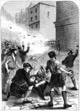 Soldiers firing on rioters during the insurrection at Glasgow, 1706 (19th century). Artist: Unknown