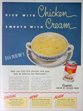 Advert for Campbell's Condensed Cream of Chicken Soup, 1949. Artist: Unknown