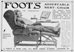 Advert for Foot's 'Burlington' adjustable rest-chair, 1916. Artist: Unknown