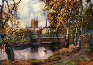 Hereford Cathedral, from the river walk, Herefordshire, 1924-1926.Artist: Louis Burleigh Bruhl