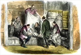 Buying camlets in a shop, Yokohama, Japan, 1865. Artist: Unknown