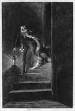 Lawrence Nightgall dragging Cicely down the secret stairs in the Salt Tower, 1840. Artist: George Cruikshank