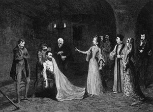 Princess Elizabeth confronted with Sir Thomas Wyatt in the torture chamber, 1554 (1840). Creator: George Cruikshank.