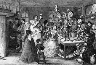 Xit, now Sir Narcissus le Grand, entertaining his friends on his wedding day, 1840.Artist: George Cruikshank