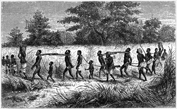 Chained and yoked slaves on the march to the trading station, 1965. Artist: Unknown
