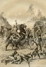 Gold escort attacked by bushrangers, Australia, 1879. Artist: McFarlane and Erskine