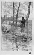 A shepherd with his flock by a river, 1899.Artist: Robert Hermann Sterl