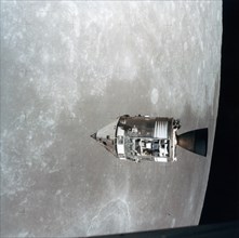 The Apollo 15 Command and Service Modules in lunar orbit, 1971.Artist: NASA