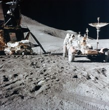 James Irwin (1930-1991) with the Lunar Roving Vehicle during Apollo 15, 1971.Artist: NASA