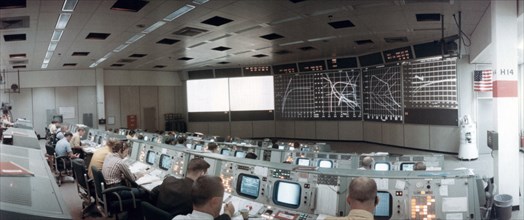 The Mission Operations Control Room in Mission Control Centre, Houston, Texas, USA, 1971.ston, 1971.Artist: NASA