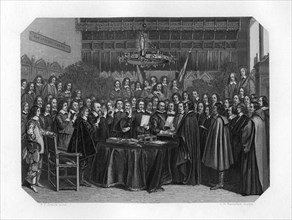 The swearing of the oath of ratification of the treaty of Münster, 1648 (c1870).Artist: JH Rennefeld