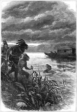 Traders on the Ohio River attacked by Native Americans, 18th century (c1880). Artist: Unknown