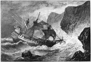 Admiral Somers runs his ship ashore, Bermuda, 1609 (c1880). Artist: Unknown