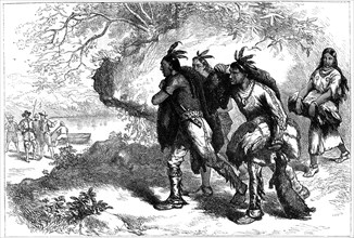 Native Americans bringing beaver skins to European traders, 17th century (c1880). Artist: Unknown