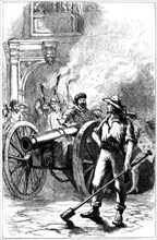 Mob firing cannon before the courthouse where Alexander McLeod was imprisoned, 1840 (c1880). Artist: Unknown
