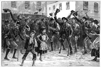Cheering Lord Randolph Churchill's name on hearing of his resignation, Loughrea, Ireland, 1887. Artist: Unknown