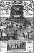 Advert for Chancery Lane Safe Deposit, London, 1887. Artist: Unknown