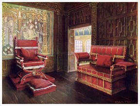 Upholstered chair and couch with adjustable ends, 1910.Artist: Edwin Foley