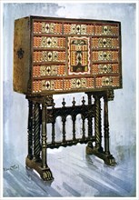 Vargueno cabinet of chestnut, ivory and other materials, 1910.Artist: Edwin Foley