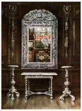 Mirror, gueridons, and table overlaid with silver plaques, 1910.Artist: Edwin Foley