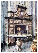 Chimneypiece and table in coloured Florentine mosaic, 1910. Artist: Edwin Foley