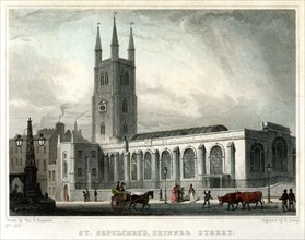 St Sepulchre's Church, Skinner Street, City of London, c1830.Artist: S Lacey