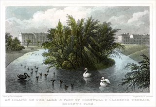 Island on the lake and Part of Cornwall and Clarence Terraces, Regent's Park, London, 1828.Artist: William Tombleson