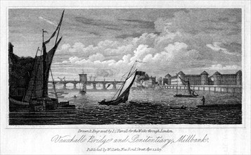 Vauxhall Bridge and Millbank Penitentiary, Westminster, London, 1817.Artist: JC Varrall
