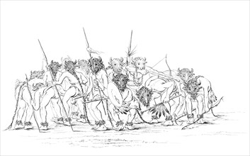 Native American hunters dancing wearing buffalo masks, 1841.Artist: Myers and Co