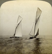 'Shamrock I' and 'Shamrock III' in a trial race off Sandy Hook, USA.Artist: Underwood & Underwood