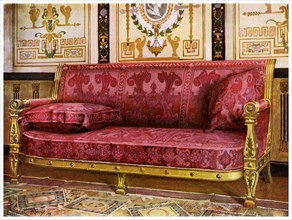Carved gilt couch covered in rose Brocade de Lyon, 1911-1912.Artist: Edwin Foley