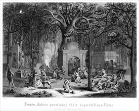 'Hindu Fakirs Practising Their Superstitious Rites Under the Banyan Tree'.Artist: Bell