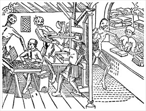 Printworkers harrassed by skeletons, 1499 (1956). Artist: Unknown