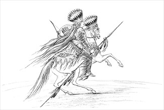 Native American male with weapons and headdress, riding a horse, 1841.Artist: Myers and Co