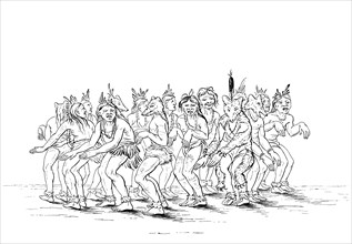 The Sioux tribe performing a bear dance, 1841.Artist: Myers and Co