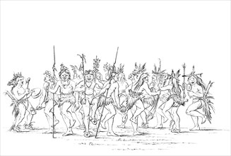 The Sioux tribe performing a beggar dance, 1841.Artist: Myers and Co