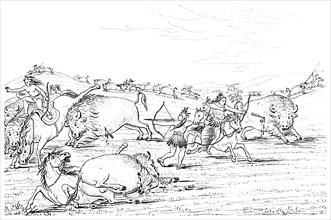 Native Americans hunting buffalo, 1841.Artist: Myers and Co