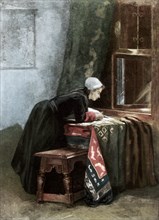 'A Dutchwoman Cutting Cloth', 1889. Artist: Unknown