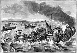 Combat between Roman and Veneti vessels, Loire river, 56 BC (1882-1884).Artist: Dietrich