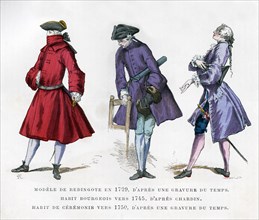 Frock coat of 1729, bourgeois fashion in 1745, and ceremonial dress of 1750, (1882-1884).Artist: Tamisier