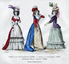 Circassian dress, 1796, English dress, 1789, and caraco housecoat, 1788 (1882-1884). Artist: Unknown