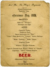 Christmas Day menu, 2nd Battalion the King's Regiment, Iraq, 1926. Artist: Unknown