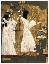 Rames and his wife in adoration before a table heaped with offerings, c1400 BC (1958). Artist: Unknown