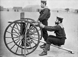 Royal Navy Maxim gun practice at Whale island, Portsmouth, Hampshire, 1896.Artist: Gregory & Co